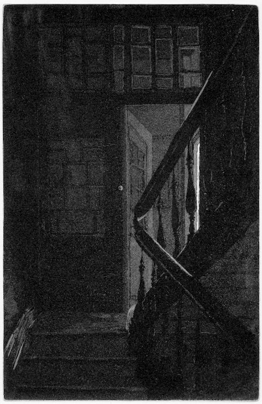 René Rameil, „Abendlicher Besuch“,
Aquatinta-Radierung, Plattengröße 277 x 180 mm, auf Hahnemühle Büttenpapier, Auflage 20, von 1997