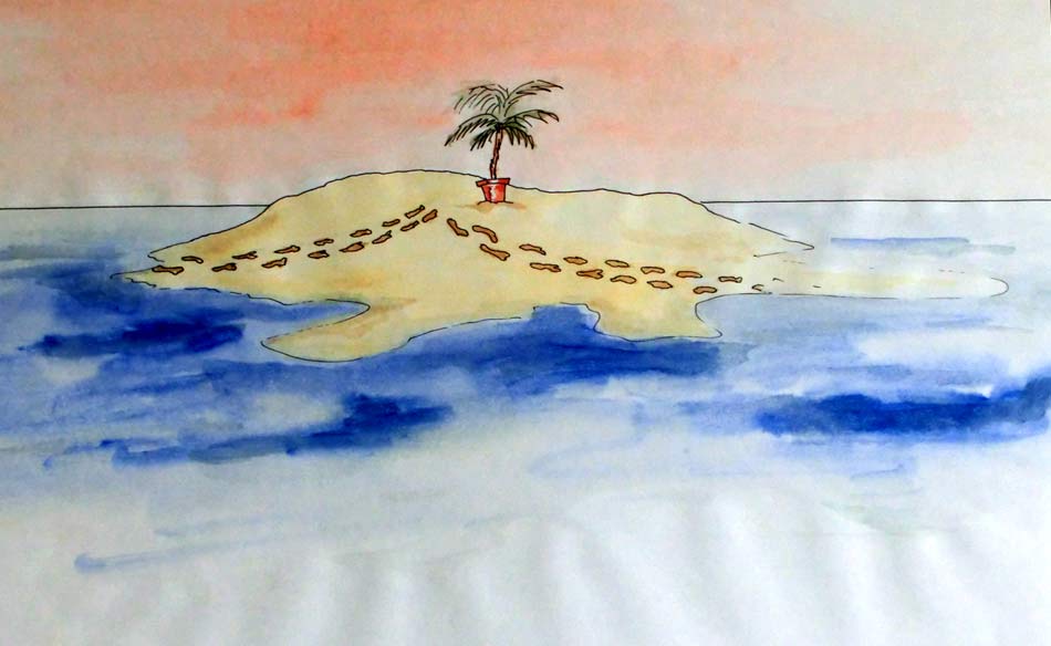 René Rameil: – "Insel-Witz III“, 
Fine-Liner, Wasserfarben, Bleistift,  auf Papier, DinA3.